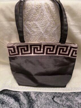 SedaSilk brown & beige stylish tote Greek Key pattern Silk-like luxury feel look